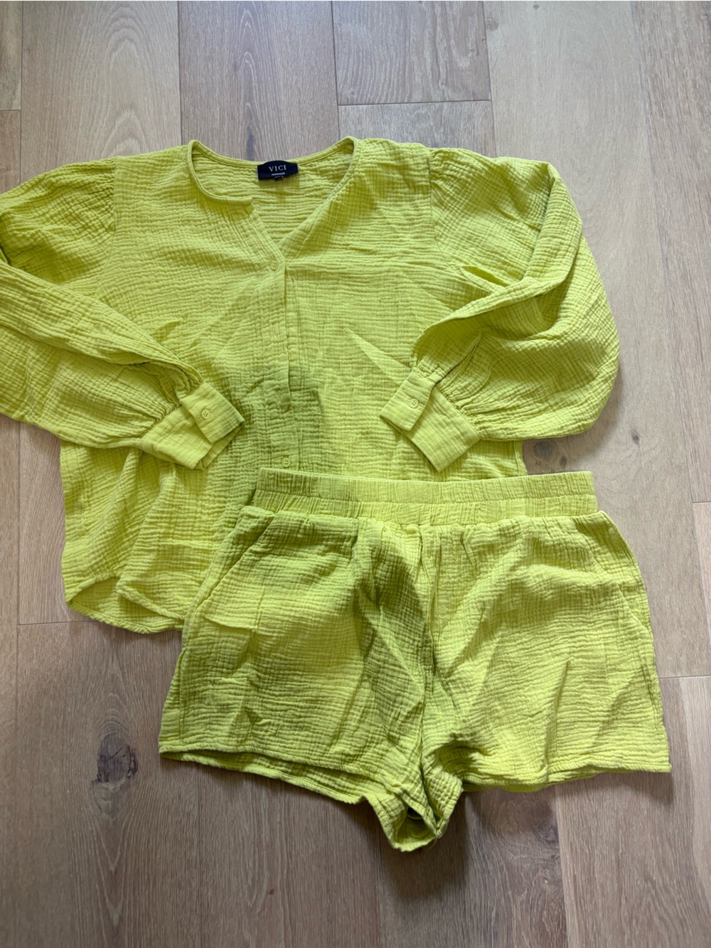 VICI Bright Lime Textured Lounge Set - Top & Shorts